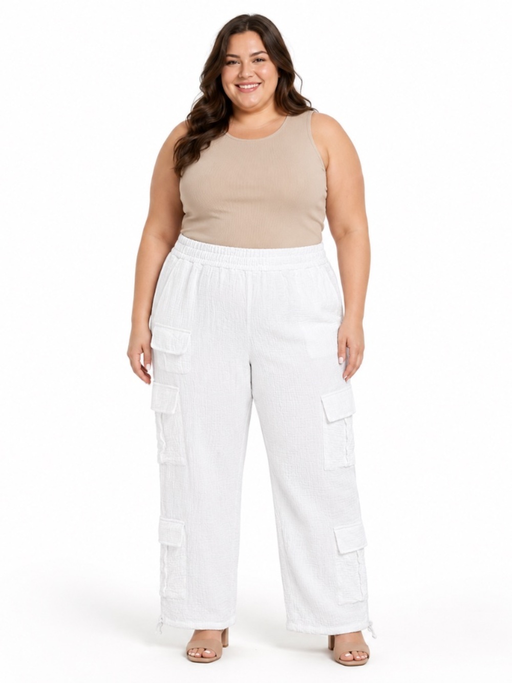 Share No Comment Plus Womens 2X White Cotton Gauze Cargo Pants Elastic Waist NWT